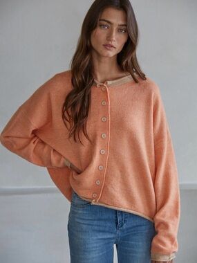 By Together Peach Button-Front Knit Cardigan with Contrast Trim